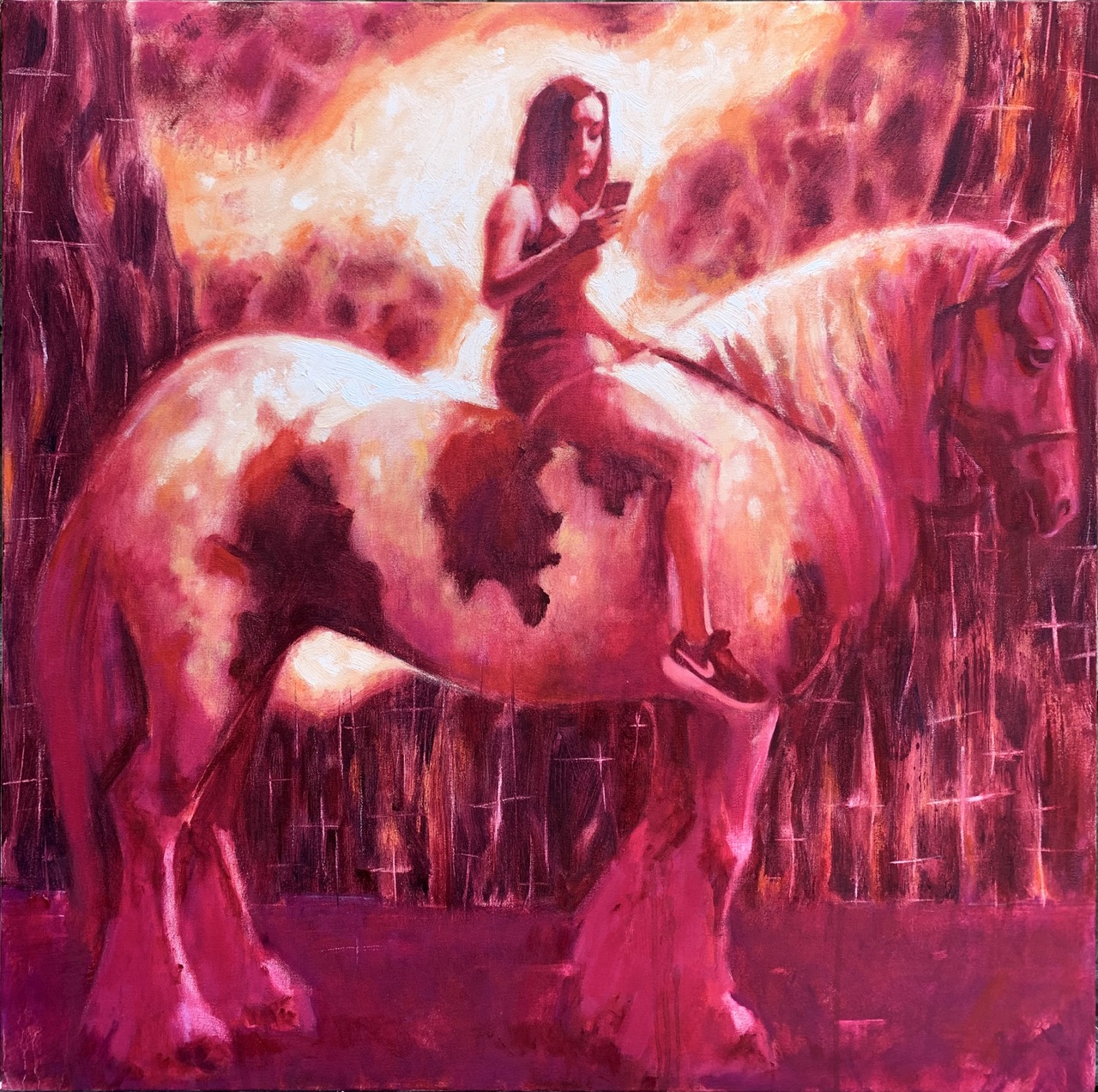 A painting featuring a woman sitting on a large horse, looking at her phone. The artwork uses vibrant shades of pink and red, with abstract patterns in the background, creating a vivid and striking visual effect.