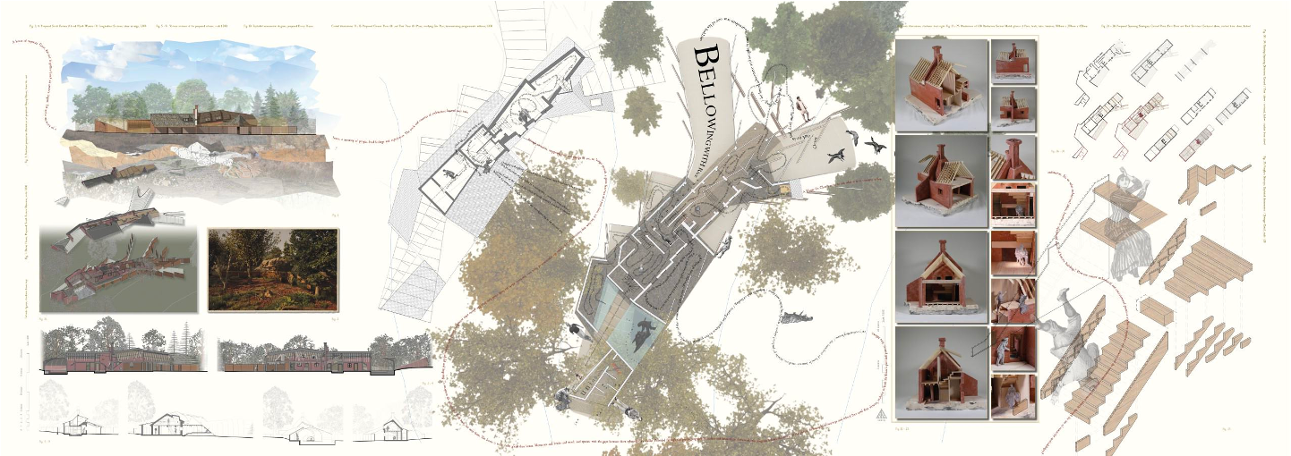 Architectural overhead map with sketches, photos of designs and annotations either side.