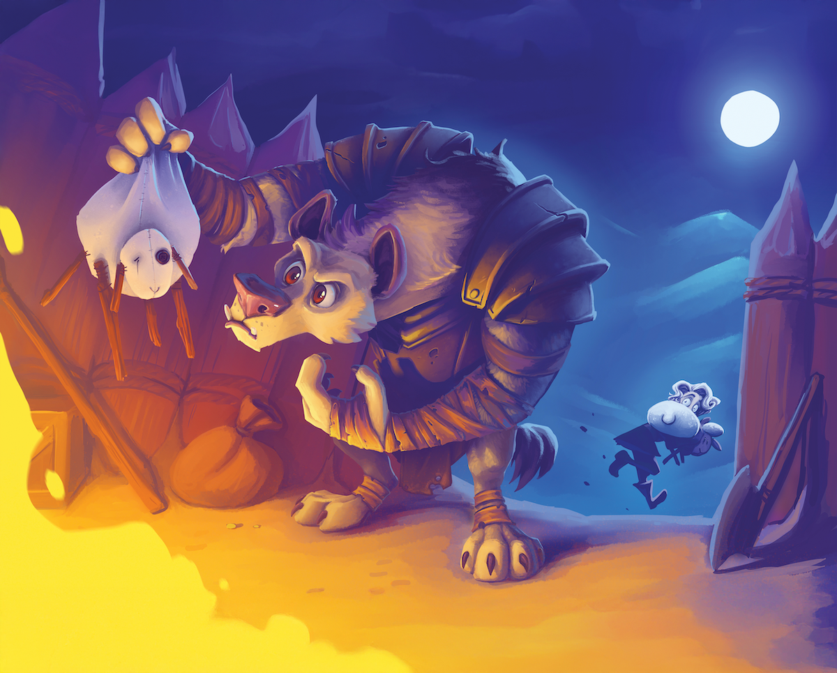 Digital illustration of large mammal wearing armour with spikes facing small white character. Warm orange/yellow left side, cool blue/purple right side with white moon. Rocky cave setting.