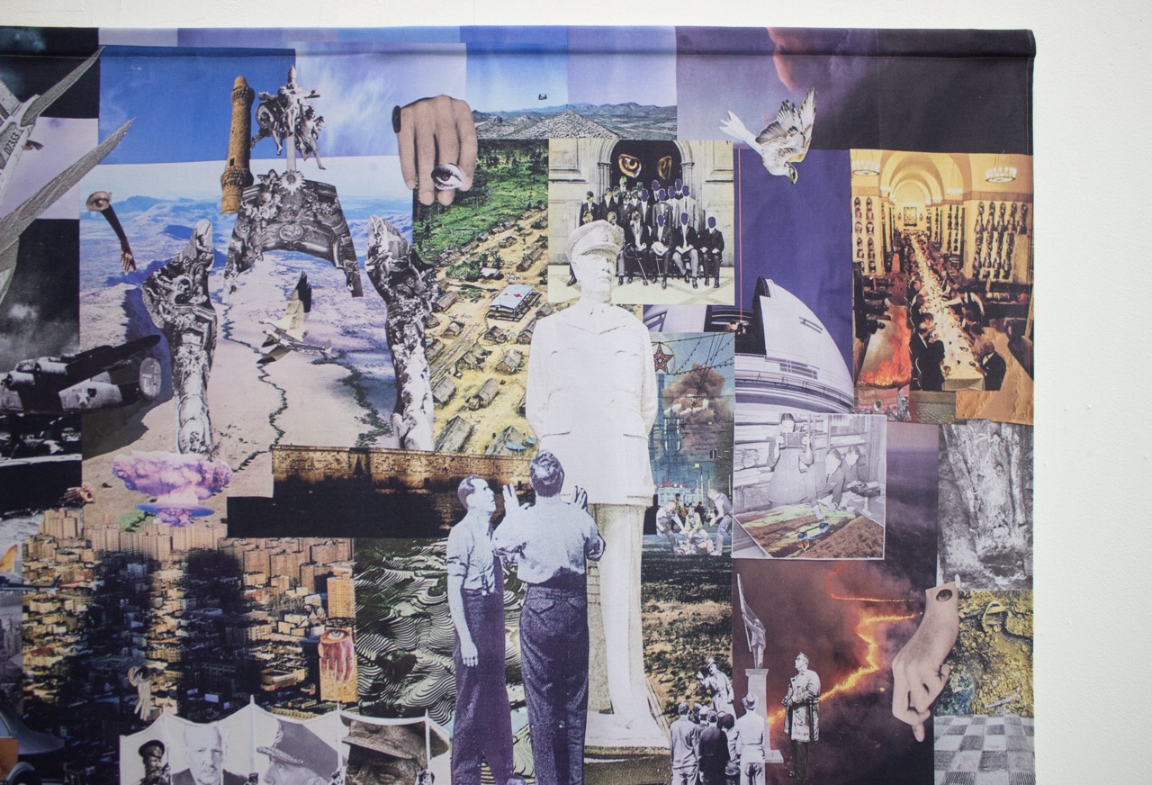 A collage of images featuring various subjects, including a white statue of a standing figure, black and white photographs of people in uniforms, landscapes, artistic elements, and abstract designs, arranged in a visually diverse composition.