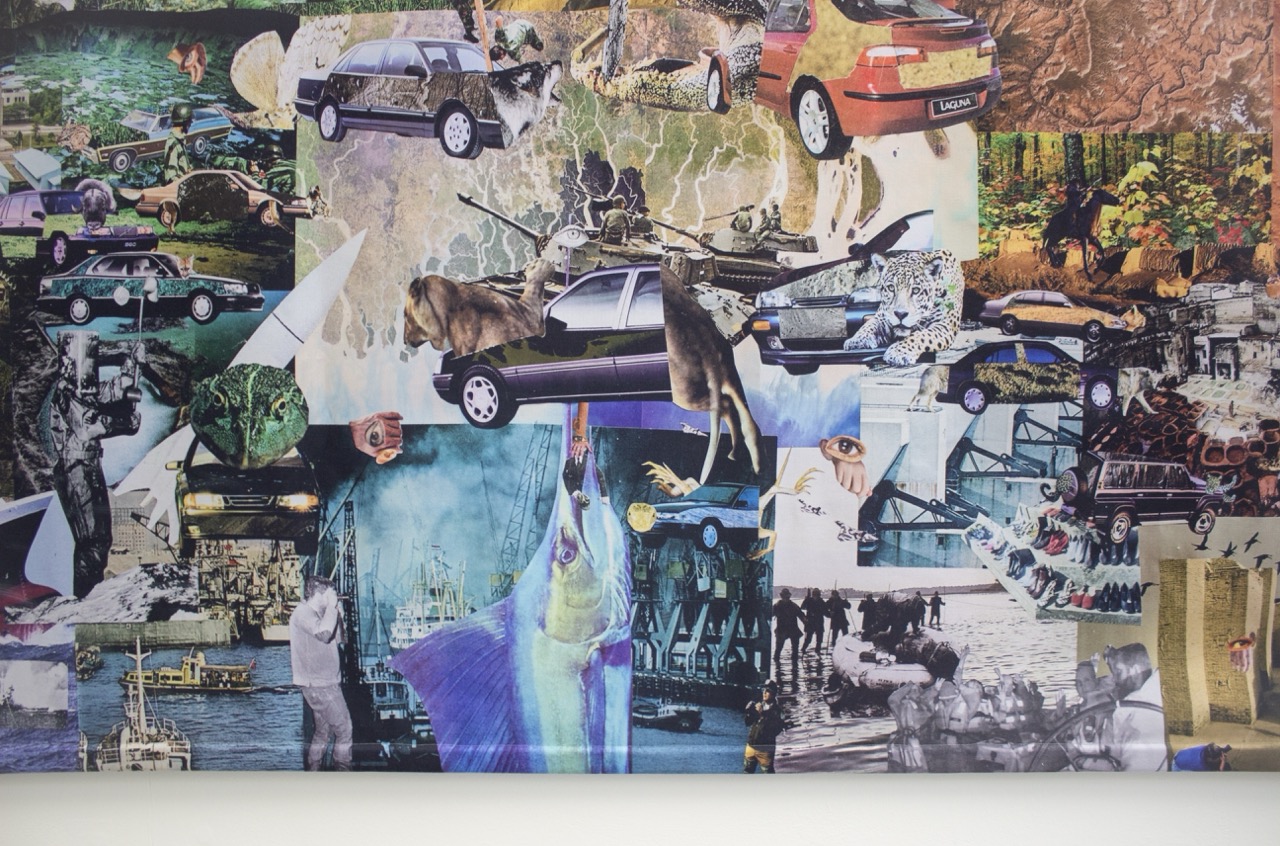 A collage featuring various cars in different settings, including nature and urban environments. Images include animals, landscapes, and people interacting with vehicles, creating a diverse scene of transportation and wildlife.