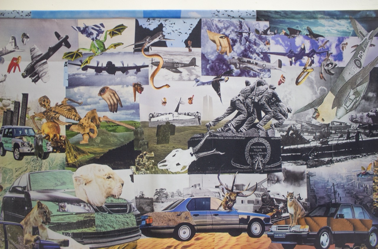 A collage featuring various images including airplanes, animals, military figures, vehicles, and landscapes. The scenes are arranged in an overlapping patchwork style, showcasing a mix of natural and urban themes.