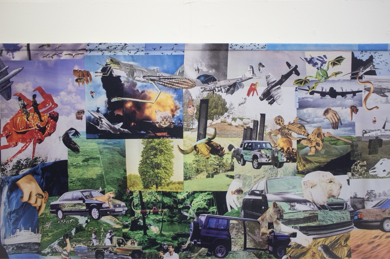 A collage featuring a variety of images including animals, vehicles, and landscapes. Elements like planes, people, and explosions are depicted, blending different scenes and subjects in a vibrant and chaotic arrangement.