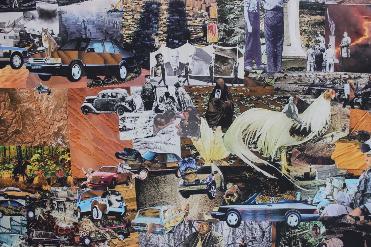 A collage featuring various images including cars of different styles and eras, people in diverse settings, and a large white chicken. The background consists of textures like wood and stone, creating a chaotic yet vibrant composition.