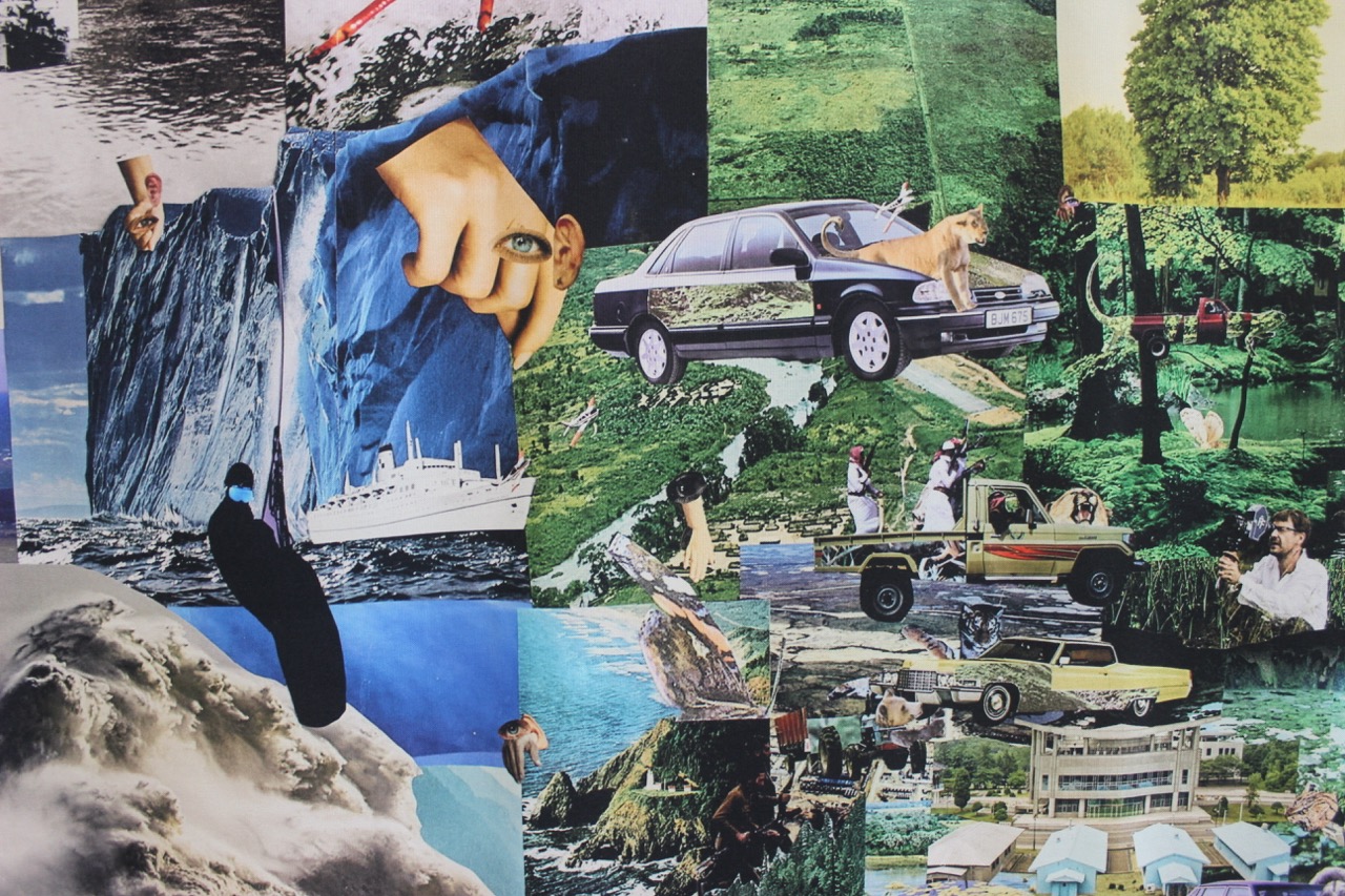 A collage featuring various images, including a hand reaching out, a car parked in nature, waves crashing, and people interacting with nature. The background includes mountains, forests, and a beach scene, creating a vibrant and diverse landscape.