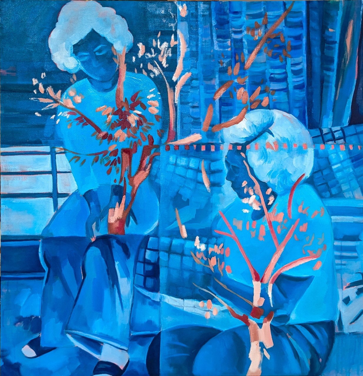 Blue abstract image of people and plants.
