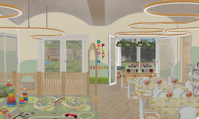 Interior design illustration of a nursery room, with assorted toys on the floor on the left side, and three tables set up with art supplies on the right side.