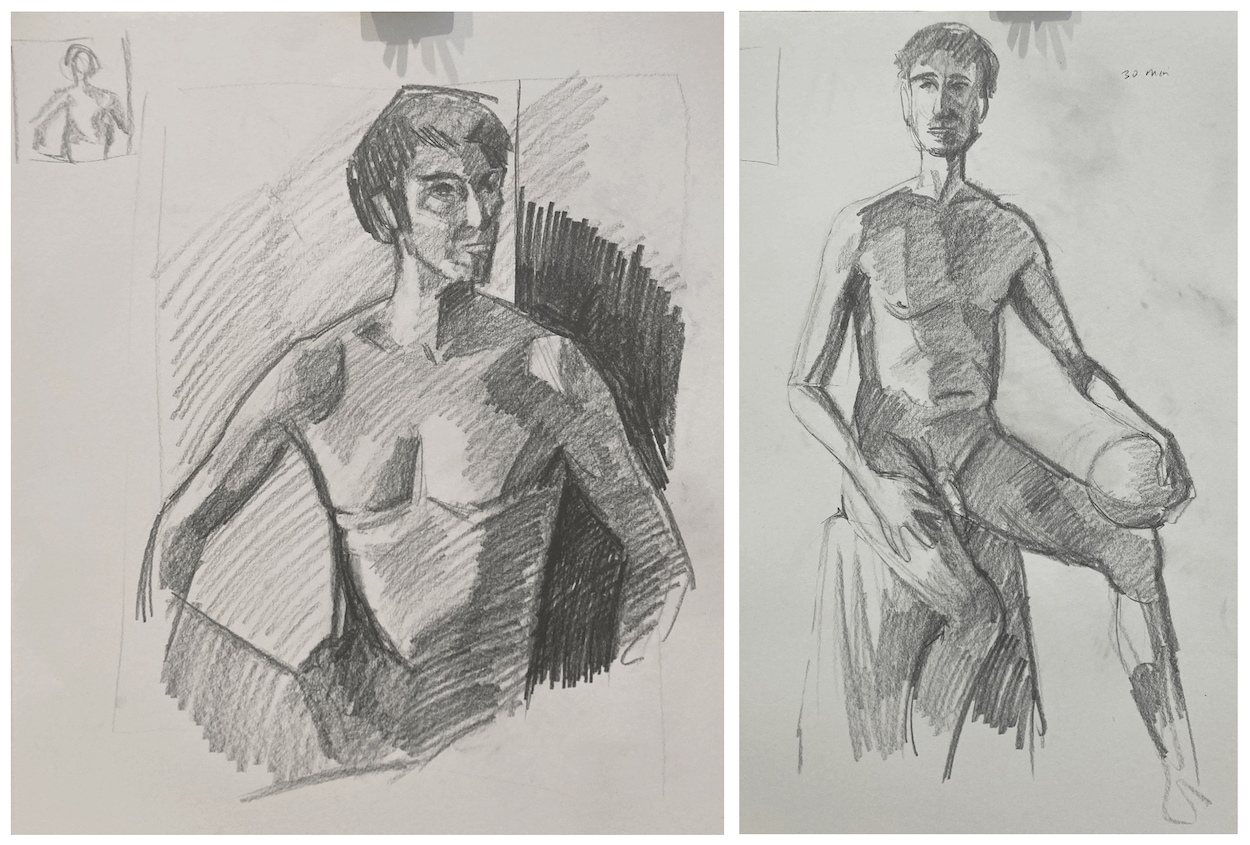 Two pencil figure drawings on cream paper. Left shows torso with cross-hatched shading and dark background. Right depicts full seated figure.