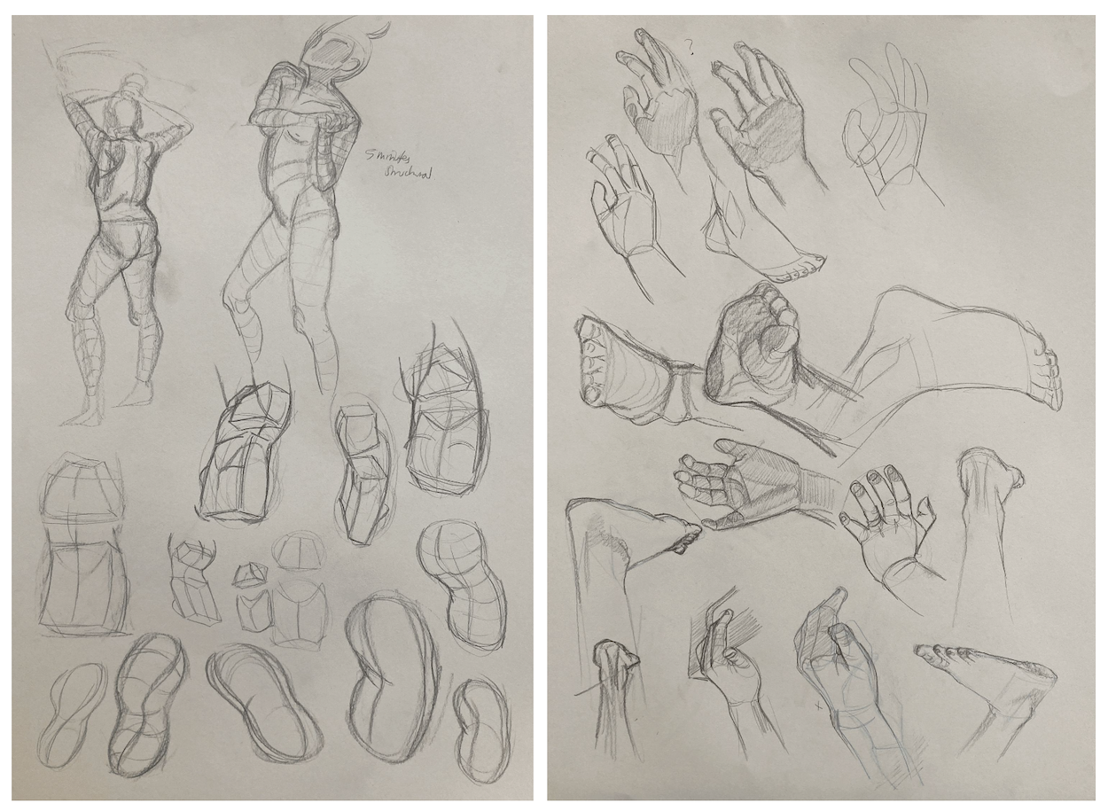 Two sketched pages with green pencil anatomical studies of hands, feet, legs, and torsos on beige paper.