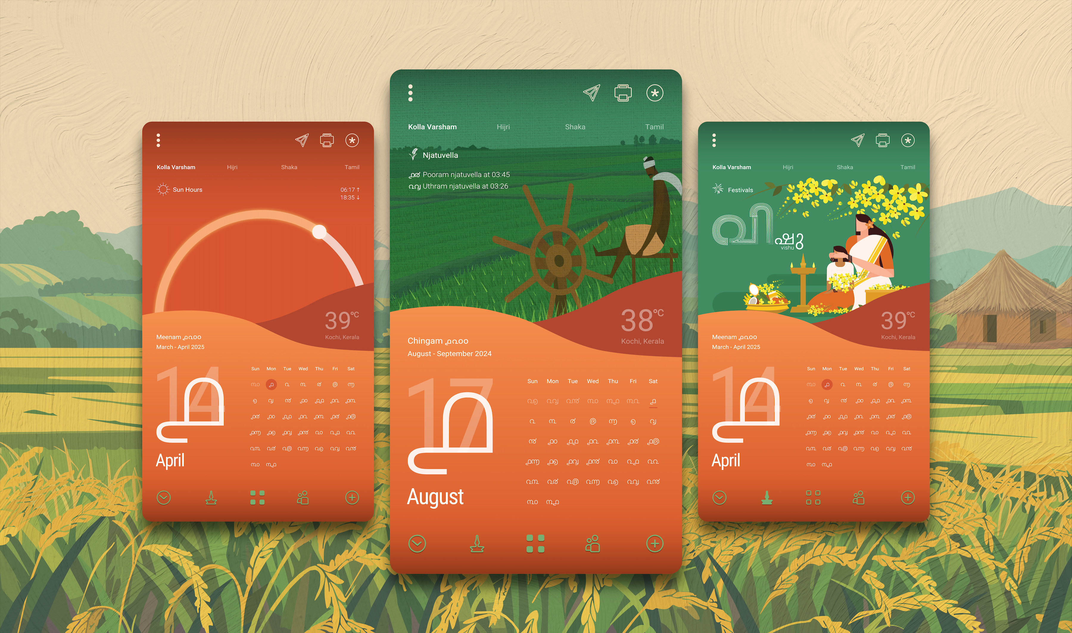 Digital mock-up of the interface of the app Kaalam, a modern Malayalam calendar that blends agricultural insights, location-based weather updates, and integrates other calendars like Hijri and Tamil