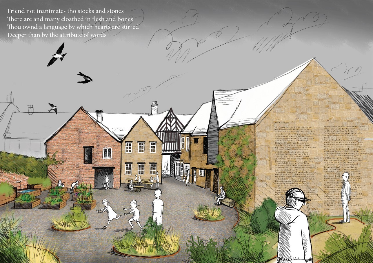 Architectural illustration showing village courtyard with brick and timber buildings, white figures, green landscaping, grey sky with birds.