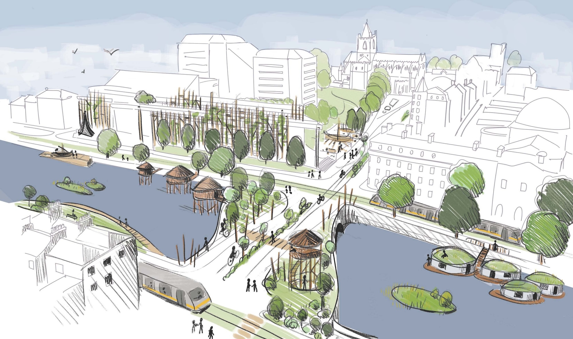 Coloured architectural sketch of a city with a wide river running through it and trains running along either side.