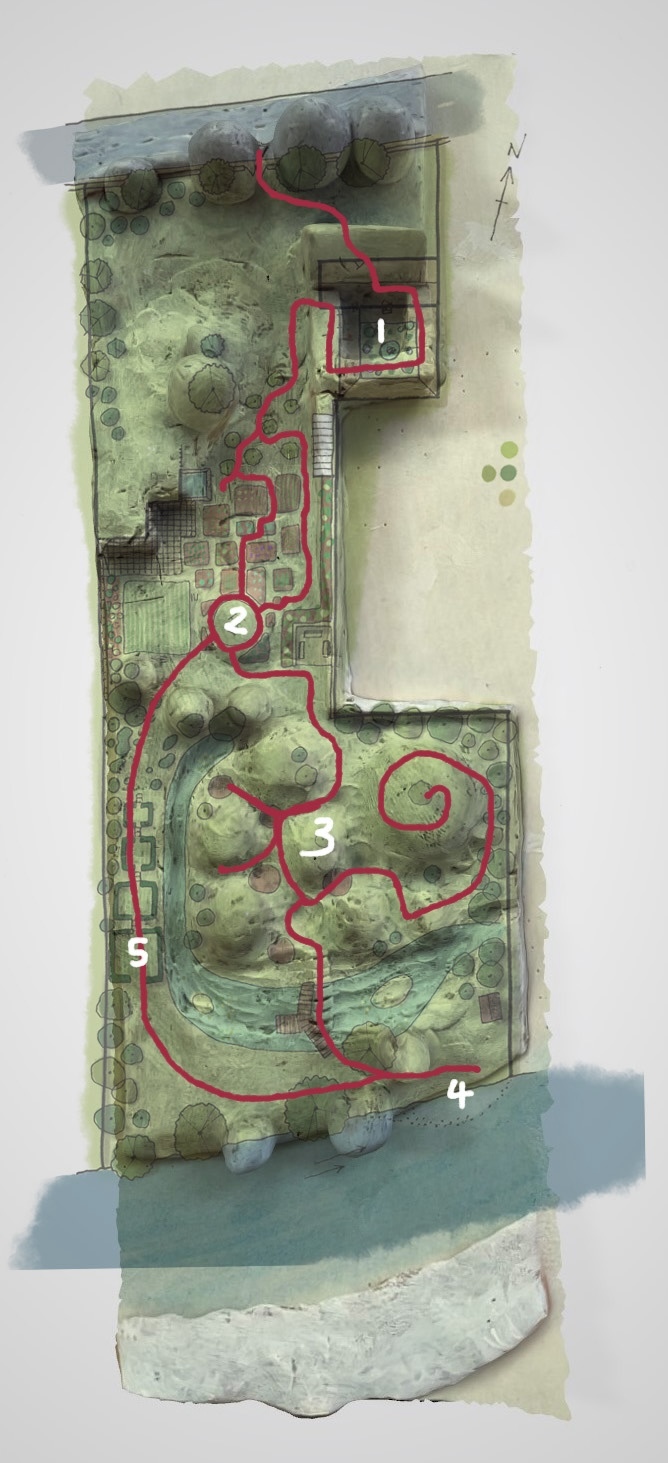 Bird's-eye view of a garden model showing different levels and areas, connected by red lines.
