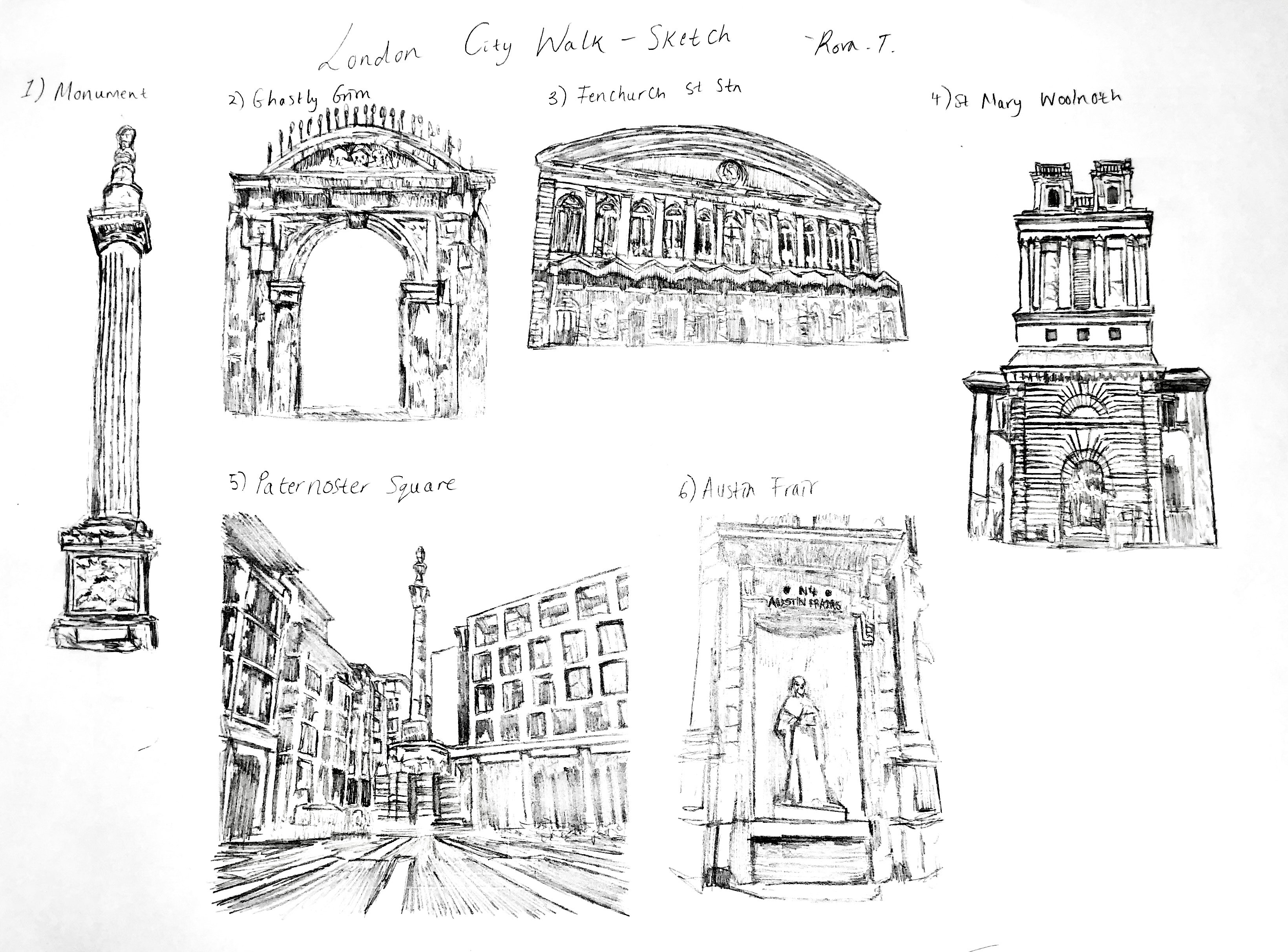 A series of six pencil sketches of various London monuments