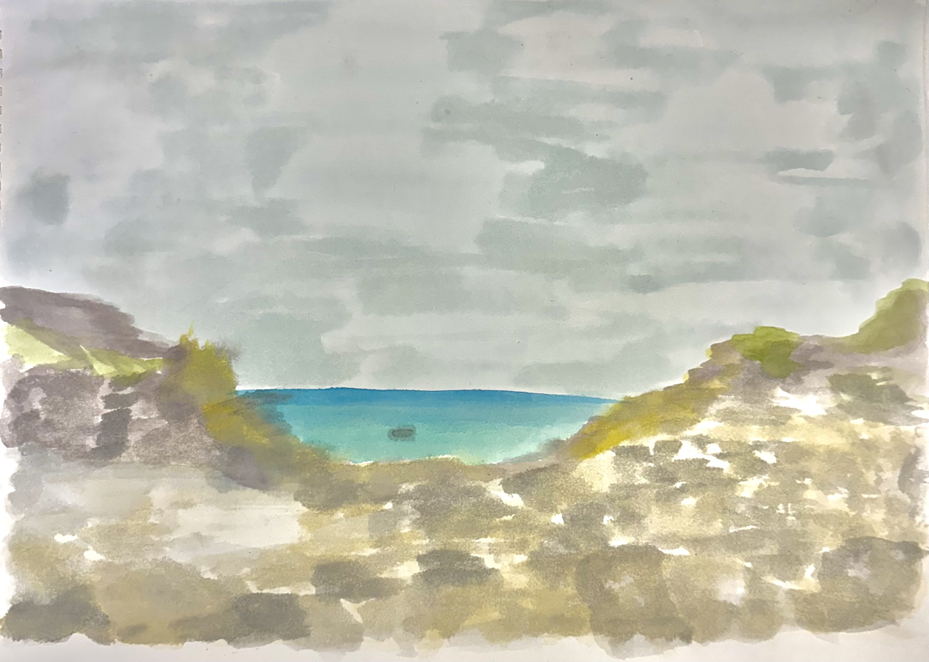 Watercolour brushstroke painting of a clifftop with a grey sky and blue sea in the background.