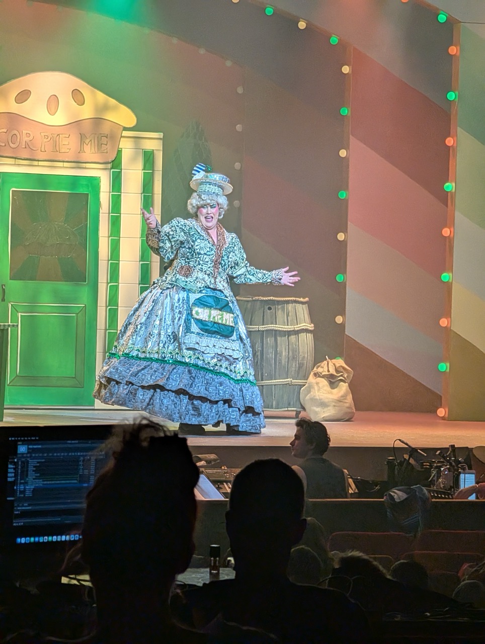 A performer wearing a large, ornate costume with a blue floral pattern stands on a stage, gesturing with one hand. The backdrop features a whimsical green store front and colourful lighting. In the foreground, audience members are silhouetted.