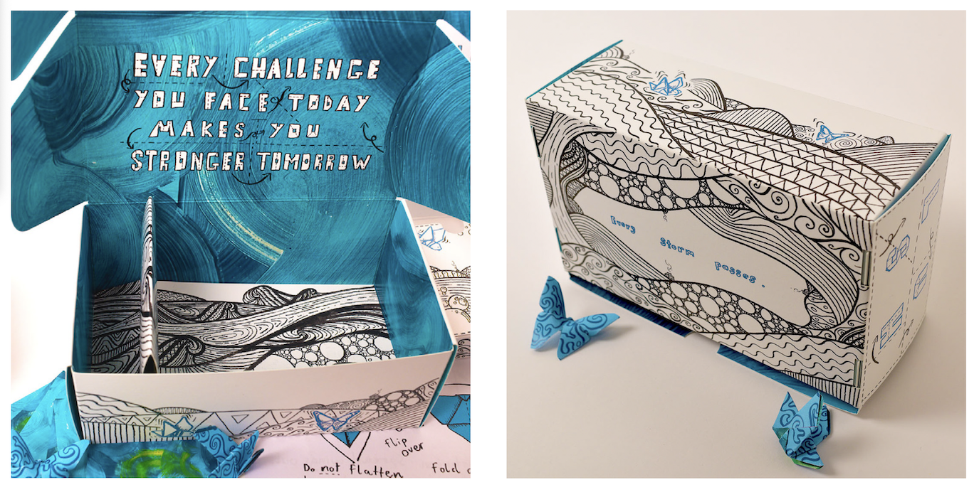 Two images showing a piece of packing from different angles (the front and underneath). Text reading "Every challenge you face today makes you stronger tomorrow" appears on the left-hand image.