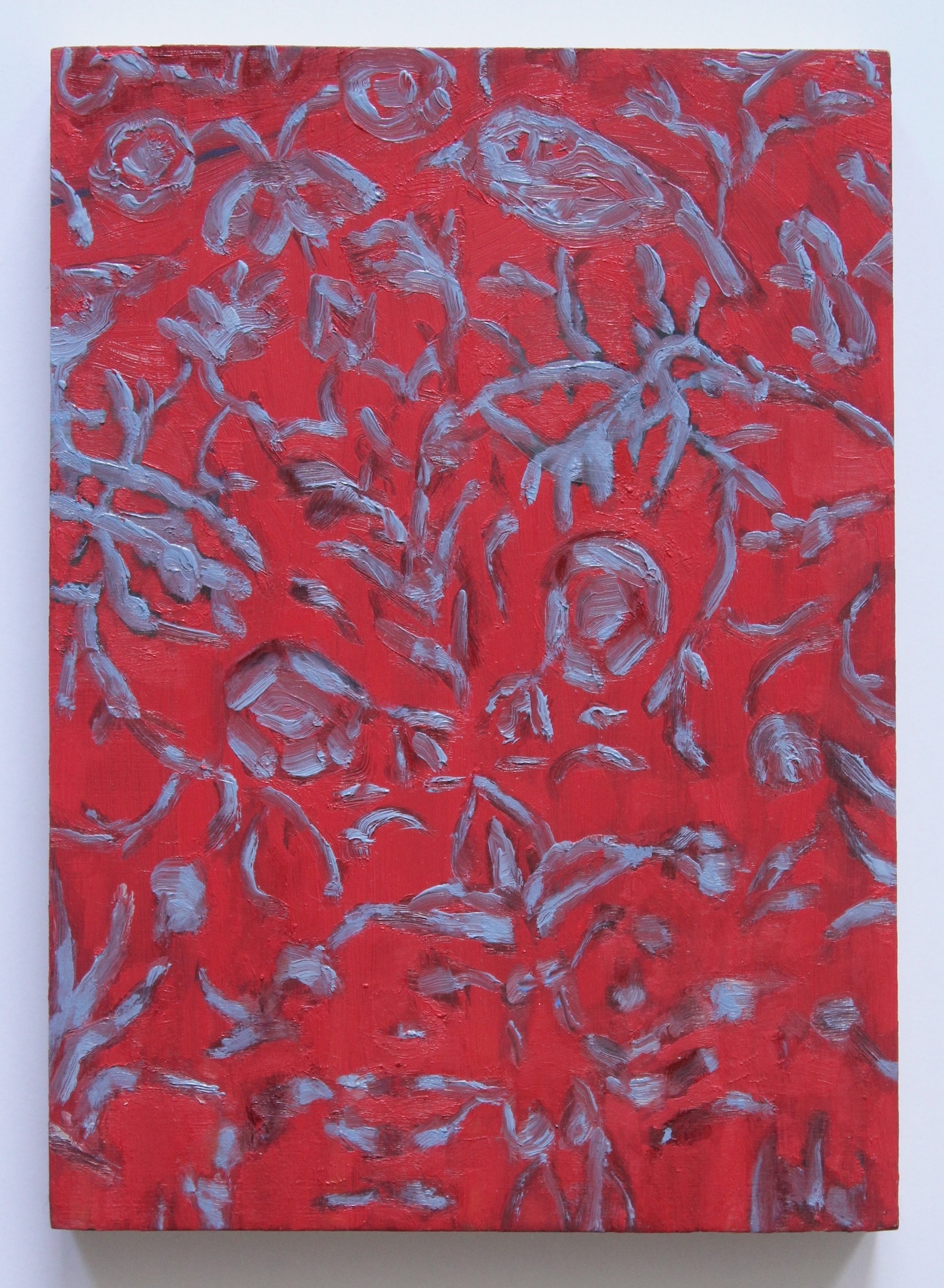 Red canvas with blue and grey brushstrokes forming abstract floral and bird-like shapes scattered across the surface.