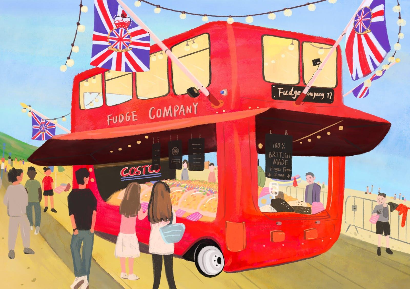 Red London style bus with open windows selling fudge on the beach