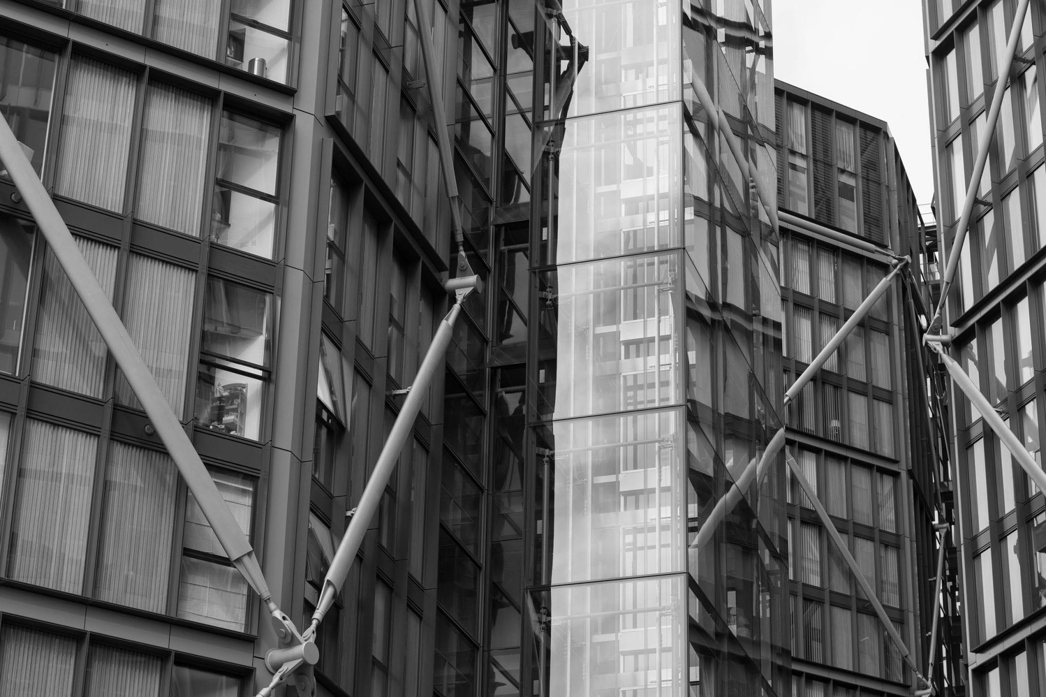 black and white photo of buildings