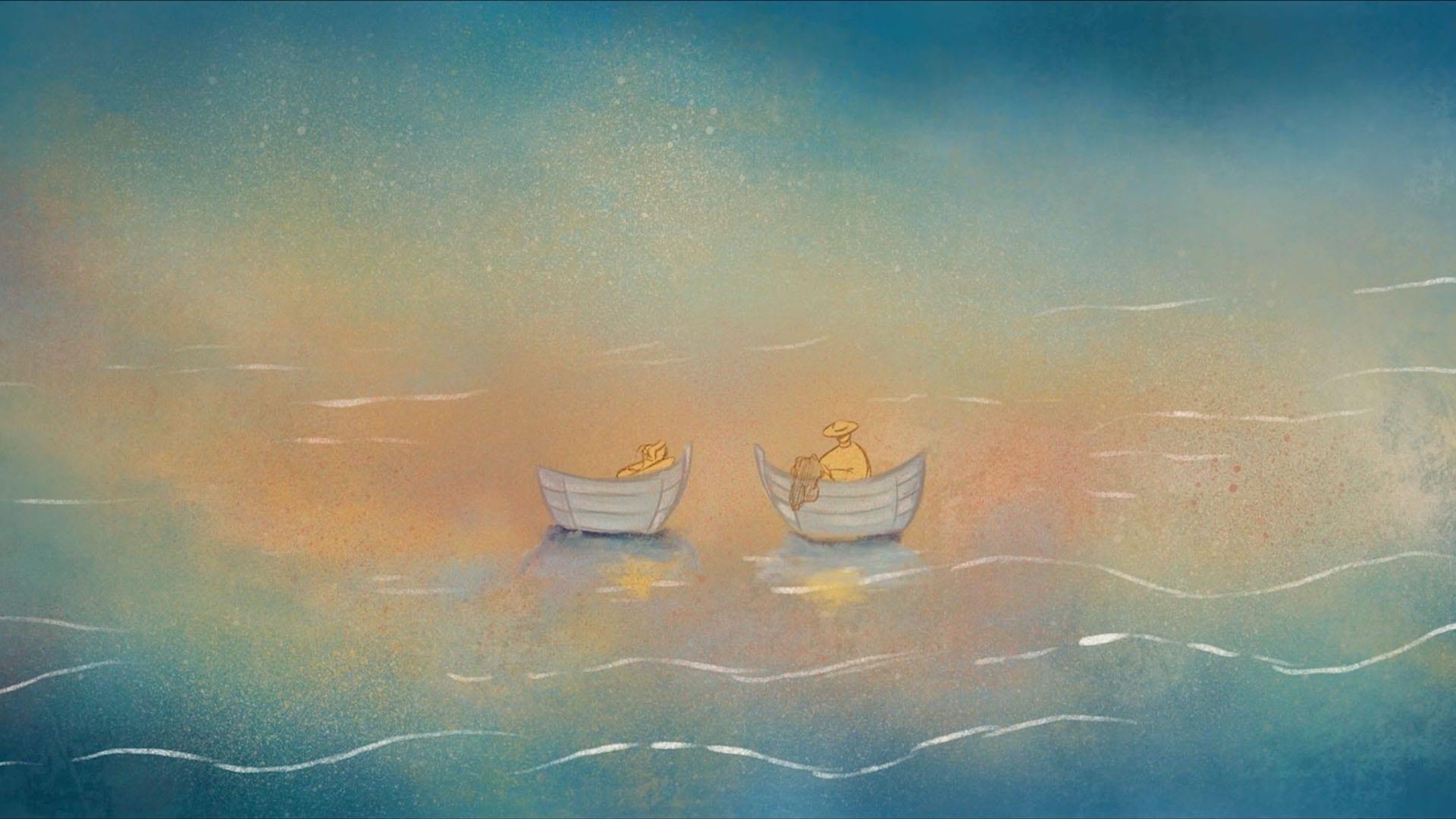 two illustrated boats out at sea