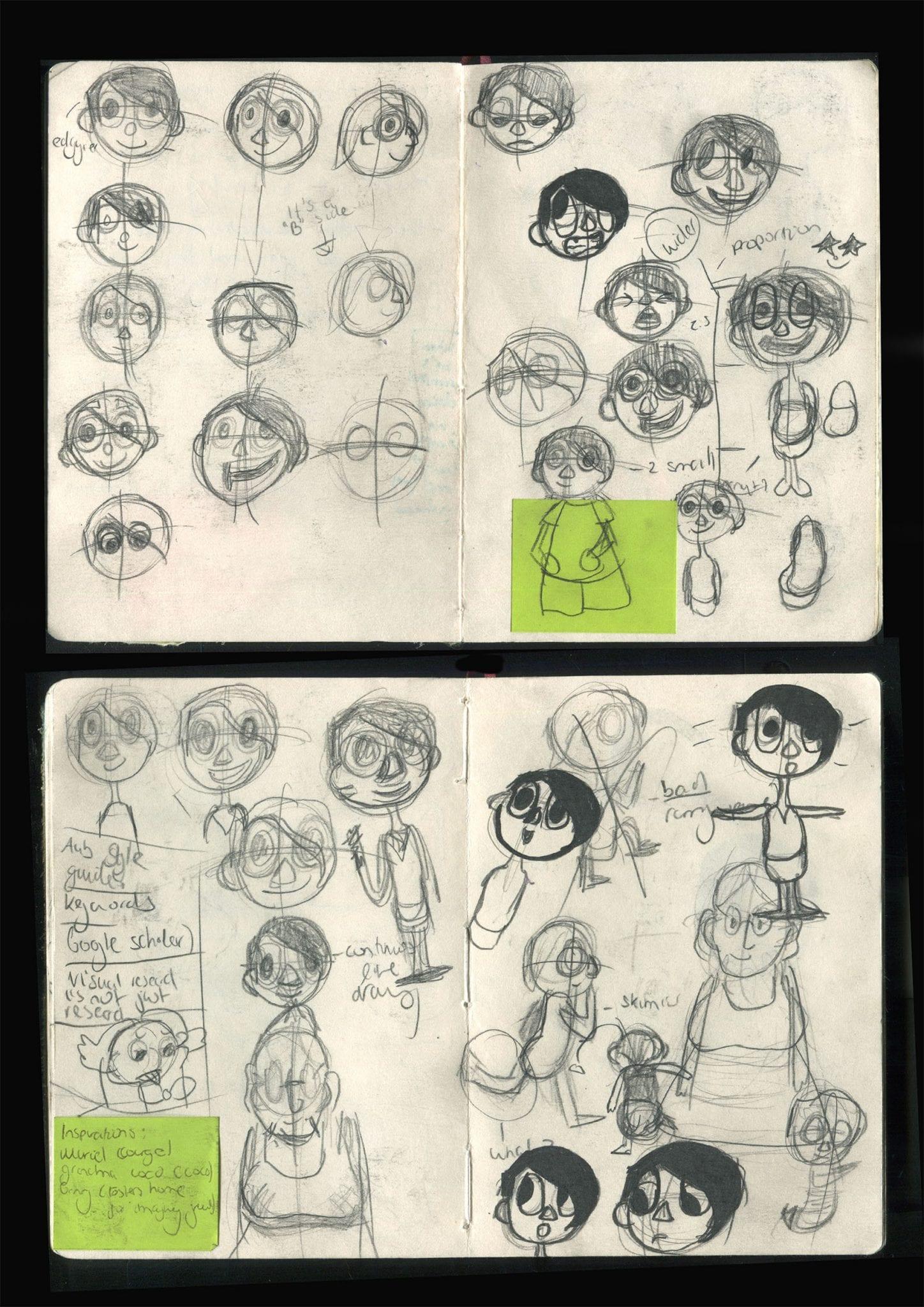 Four pages of a sketchbook showing pencil sketches of a cartoon character with different facial expressions.