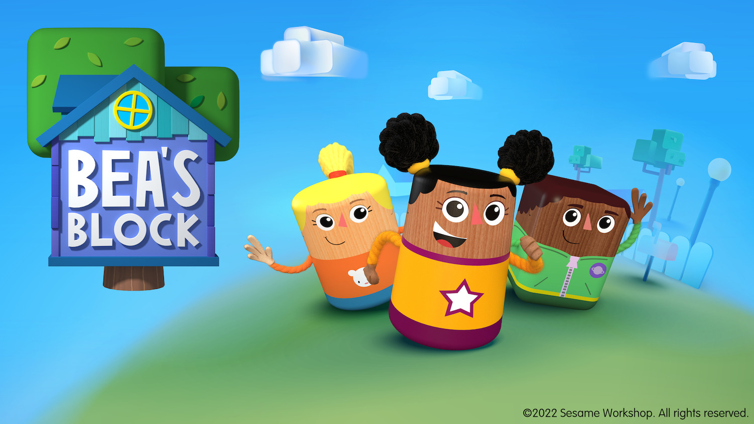 Three block people smile and run forwards on a green hill. A block treehouse appears at the left with the words Bea's Block inside.