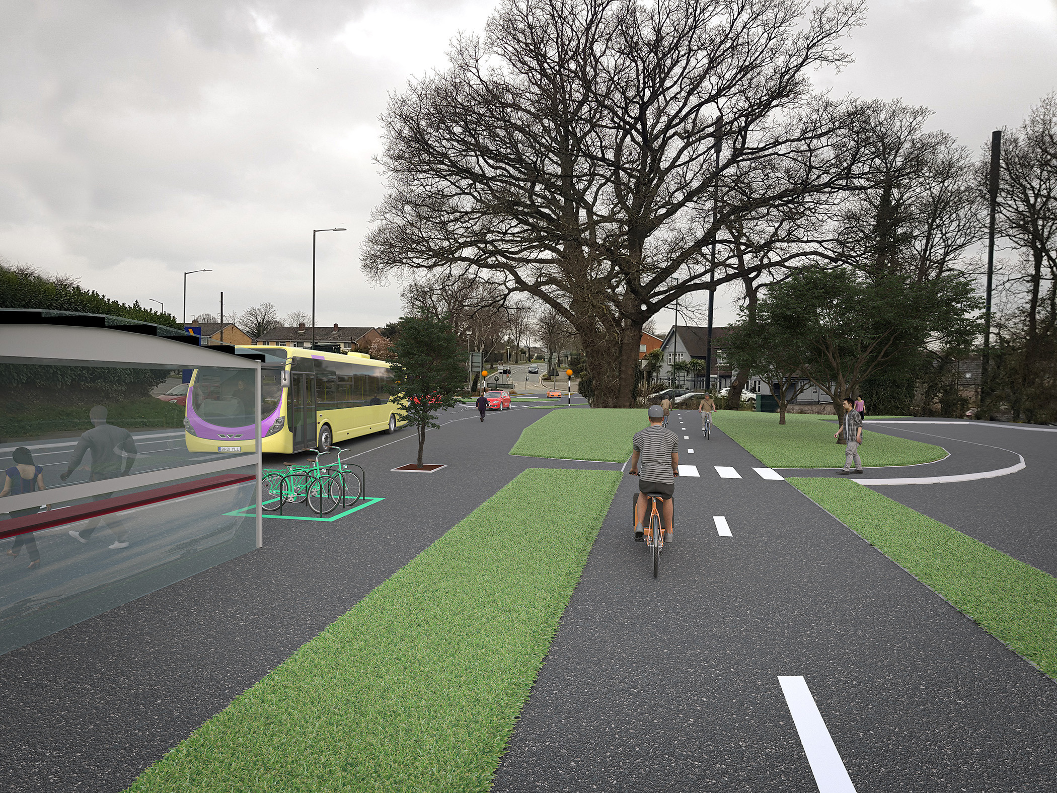 Computer-generated images of a bus approaching a bus stop and cyclists on bikes in cycle lanes.