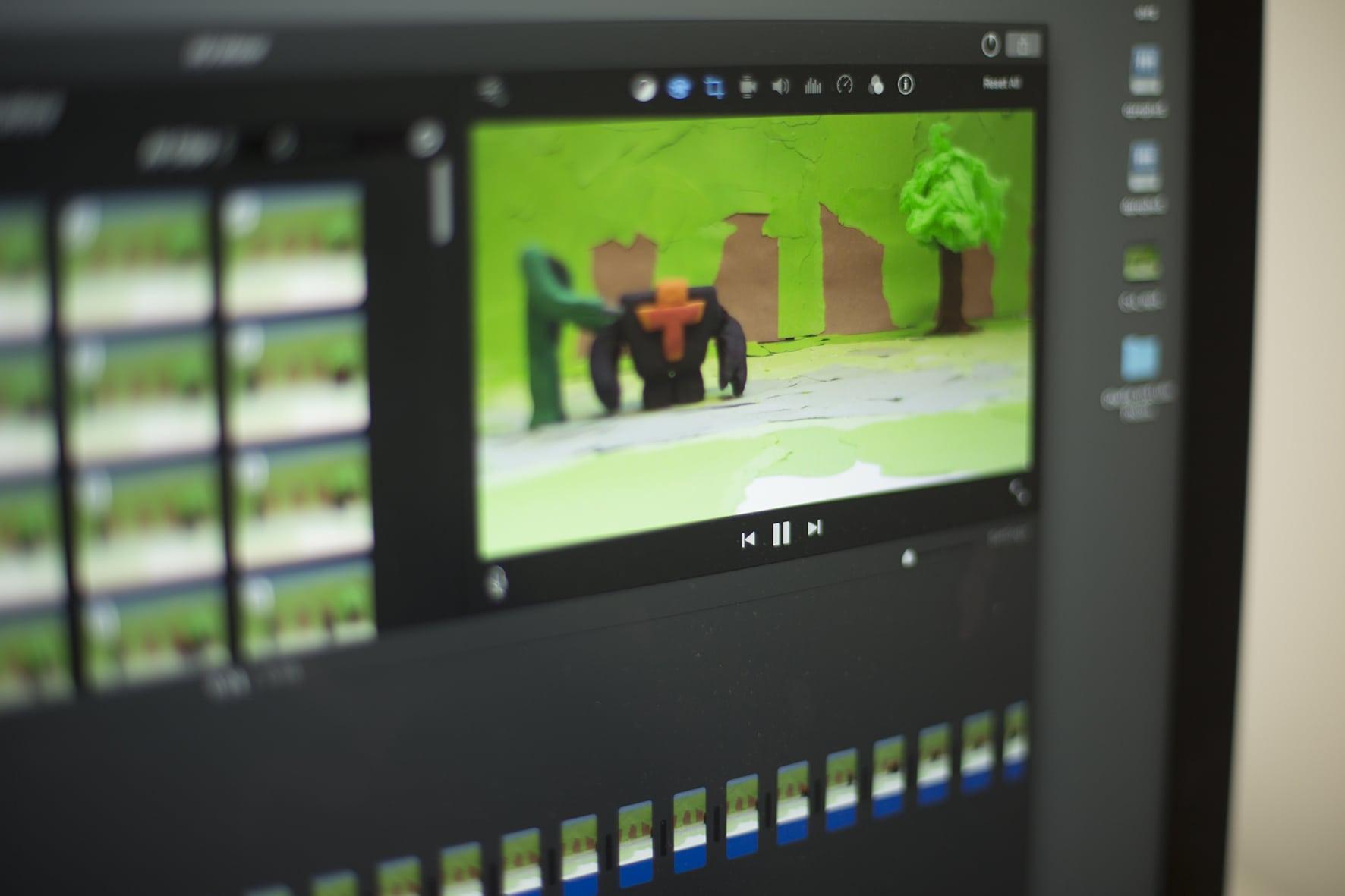 Close-up of a computer screen showing an animation still in a piece of editing software.