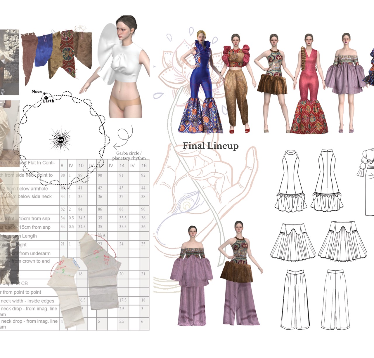 Fashion design board showing a final lineup of women’s dresses, with sketch patterns, fabric swatches and a measurement chart on the left.