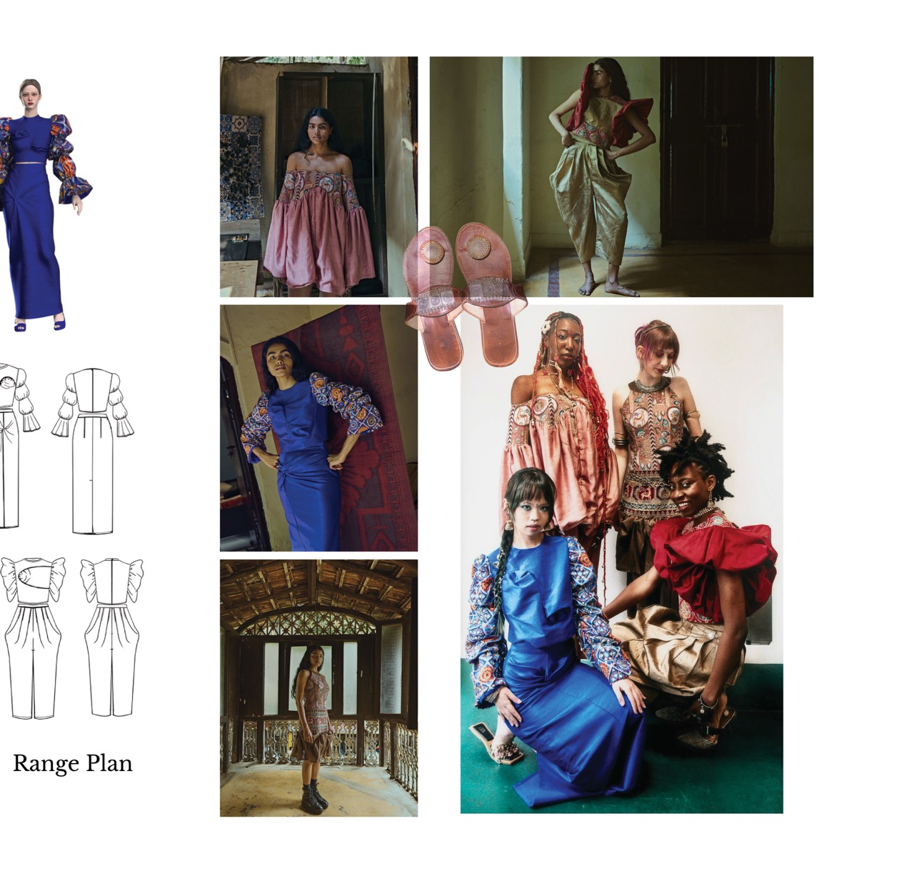A fashion mood board showing several women in colourful dresses and sandals, alongside range plan sketches on a white background.