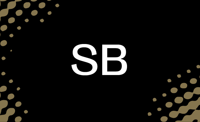 Black tile with gold pixellated accents and the initials SB in the centre.
