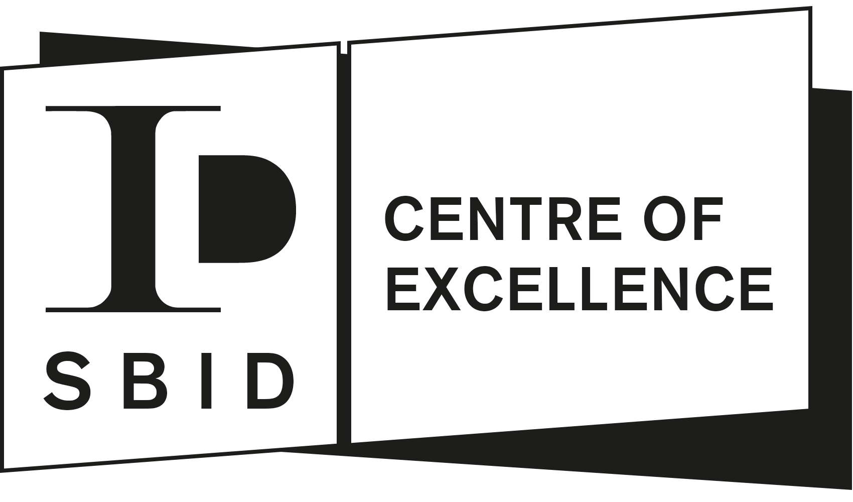 Logo consisting of two white slanted rectangles with black rectangles slanting the other way behind them. Black text reads "SBID Centre of Excellence".
