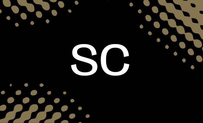 Black tile with purple pixellated accents and the initials SC in the centre.