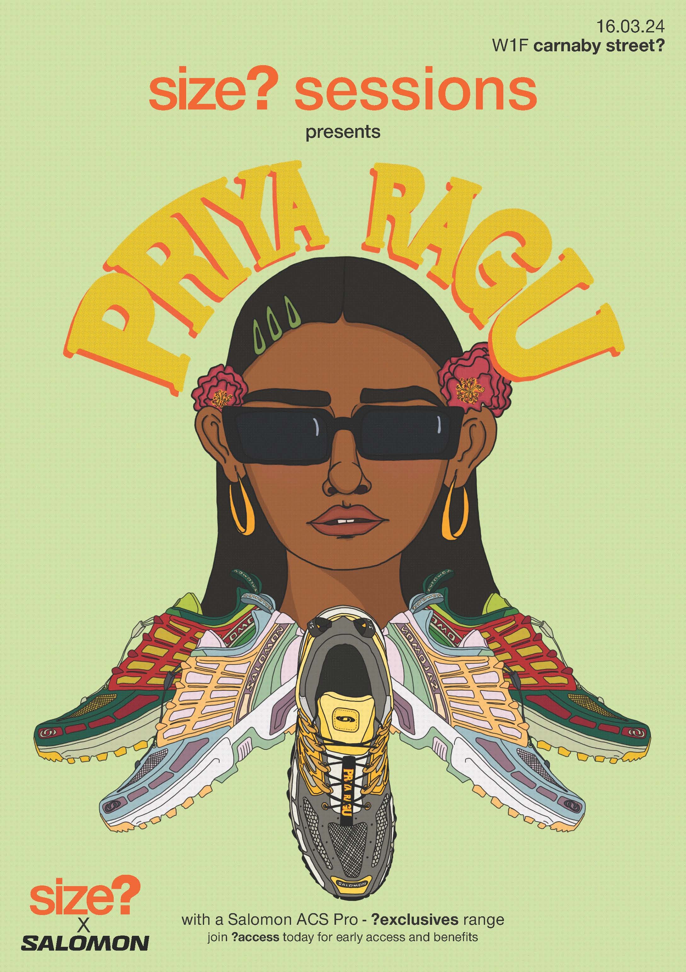 Poster with an illustrated headshot of the musician Priya Ragu, her name appears in big yellow letters above her head, with five different shoes displayed underneath her.