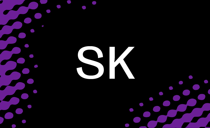 Black and purple banner with the white text "SK" in the centre.
