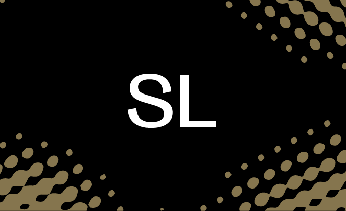 Black tile with gold pixellated accents and the initials SL in the centre.