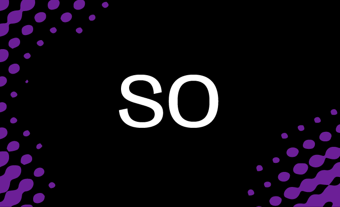Black tile with purple pixellated accents and the initials "SO" in the centre.