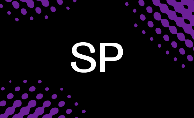 Black tile with purple pixellated accents and the initials SP in the centre.