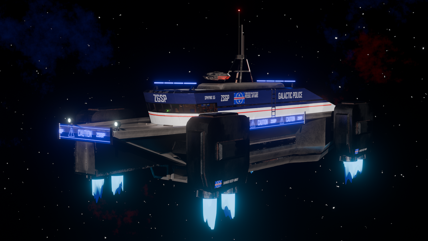 Futuristic spacecraft with blue and white hull, illuminated blue thrusters, floating in dark starry space with distant nebulae.