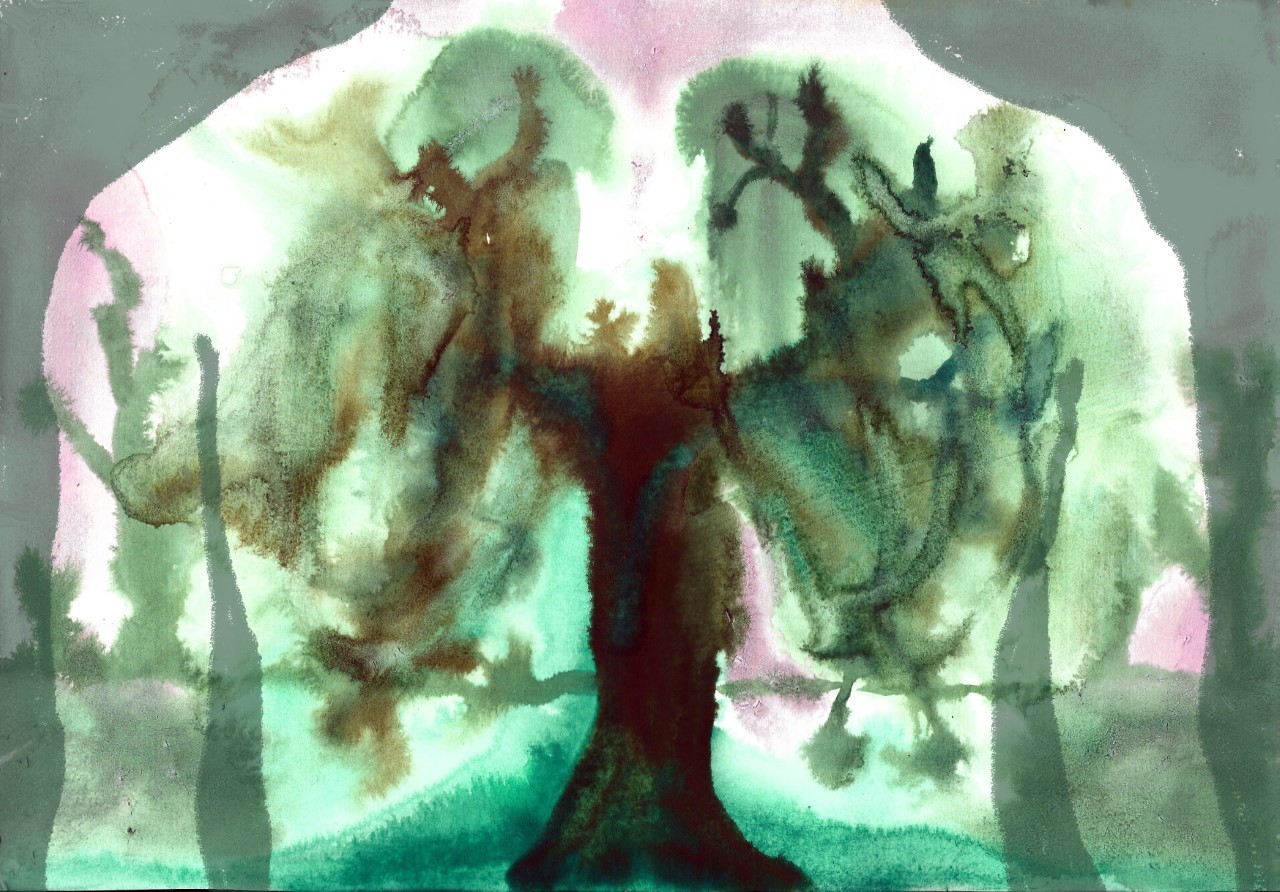Watercolour painting of a human torso with lungs and a respiratory system painted in.