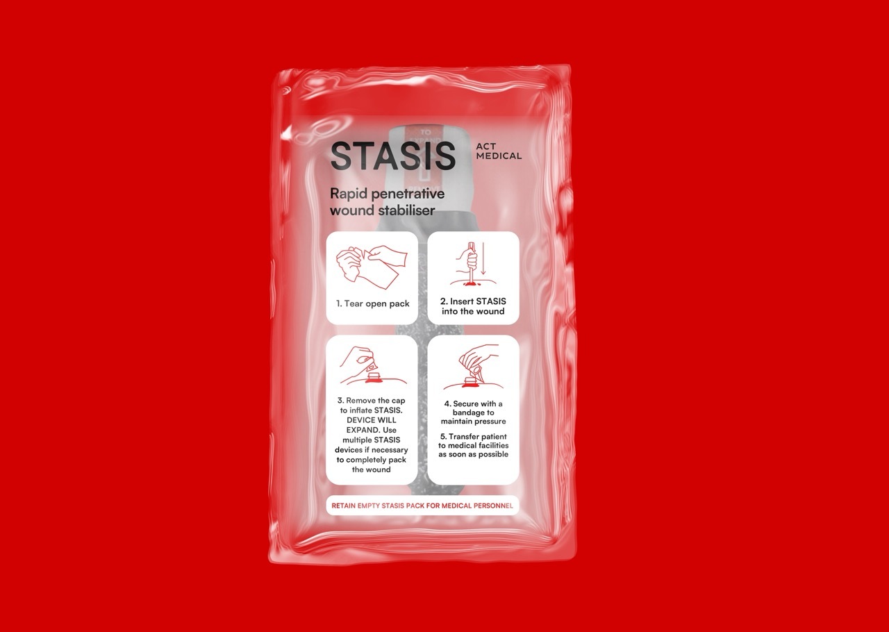 Front package for STATIS in clear plastic wrap, instructions with diagrams in white and red on the front, red background.