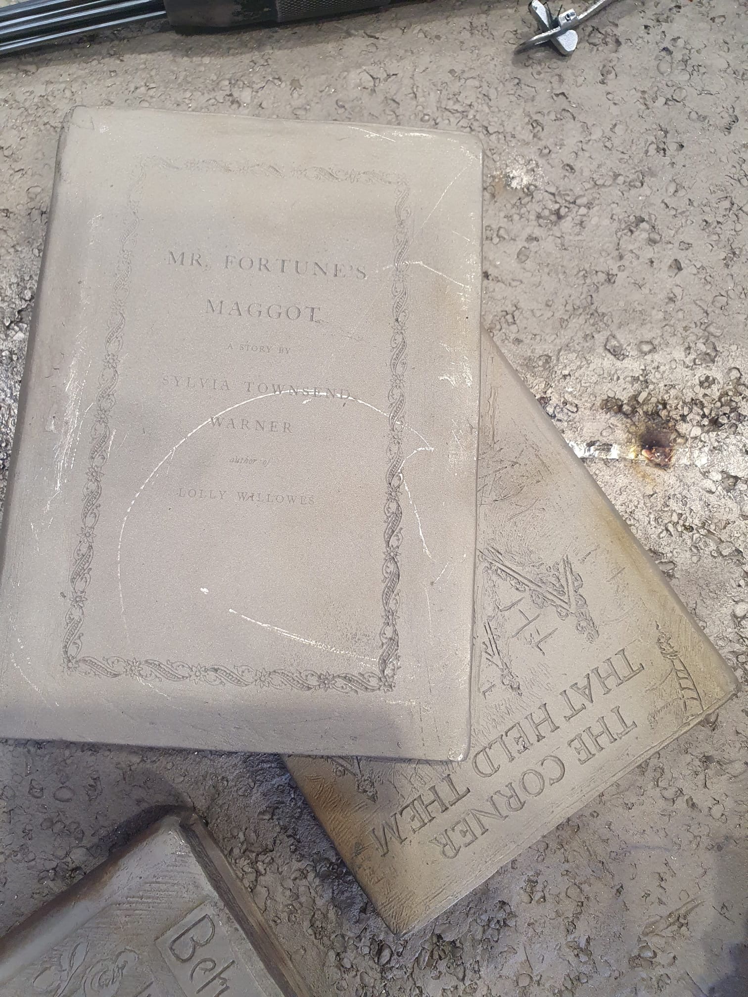 Weathered books scattered on concrete pavement, including "Thirteen Moons" with visible water damage and staining on covers and pages.