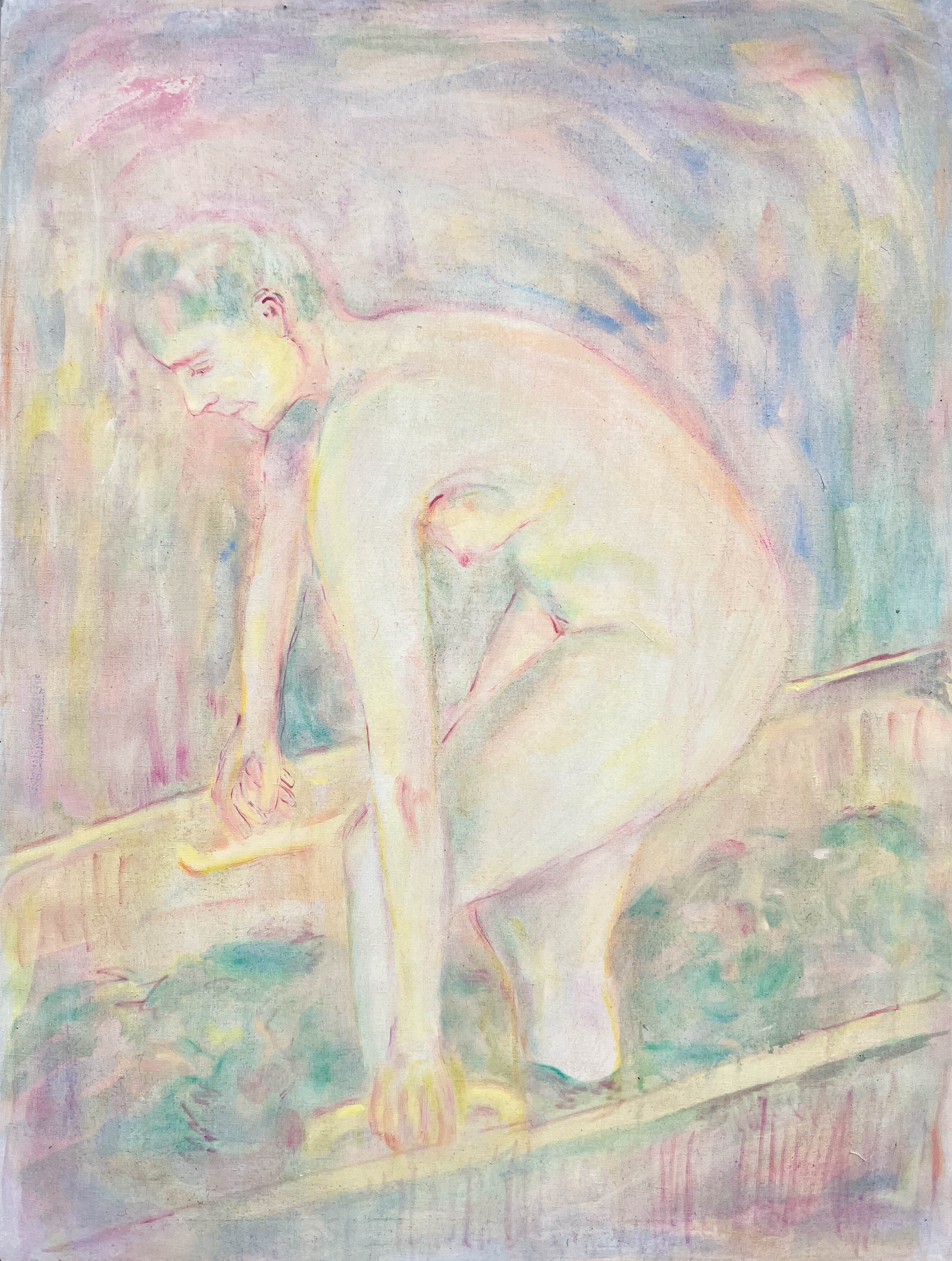 Impressionist painting with soft pastel colours showing pale pink, yellow, green and blue brushstrokes forming a seated figure.