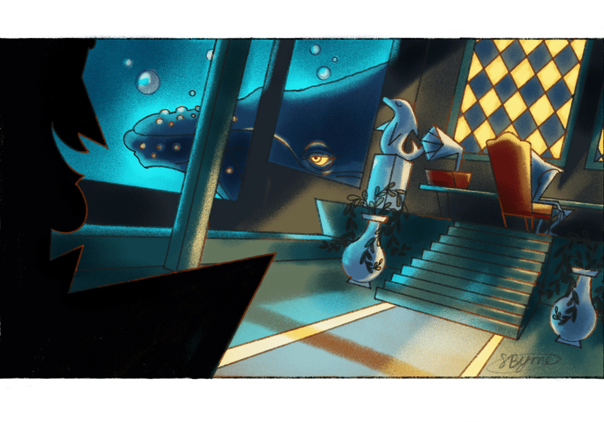 Underwater scene with teal and blue tones, angular geometric shapes, checkered yellow pattern, white robot figure on stairs.
