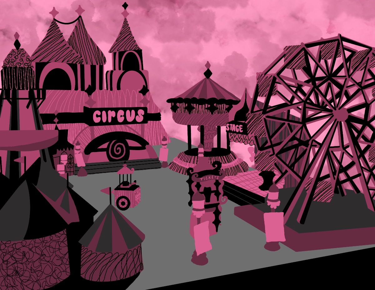 A stylised pink-and-black circus scene with a Ferris wheel, striped tents and a stage beneath a cloudy sky.