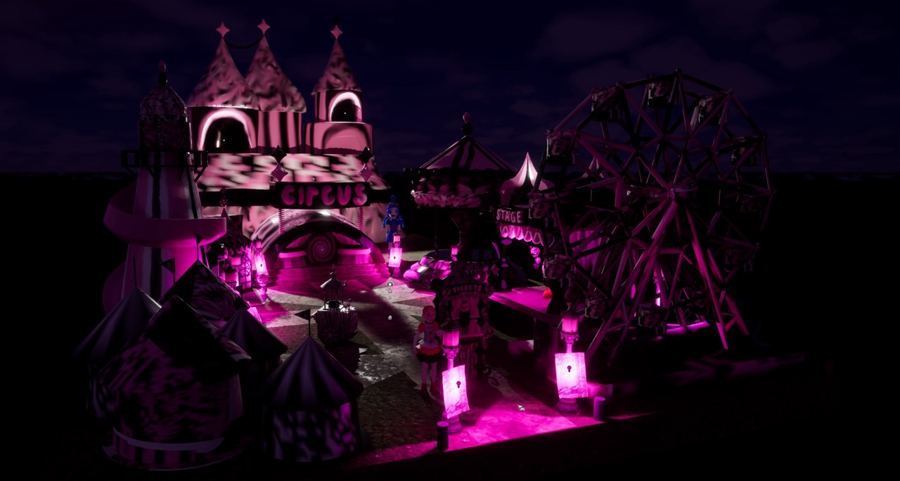 A brightly lit circus-themed amusement scene with pink neon lighting, showing a castle-like entrance, a ferris wheel and decorative tents at night.
