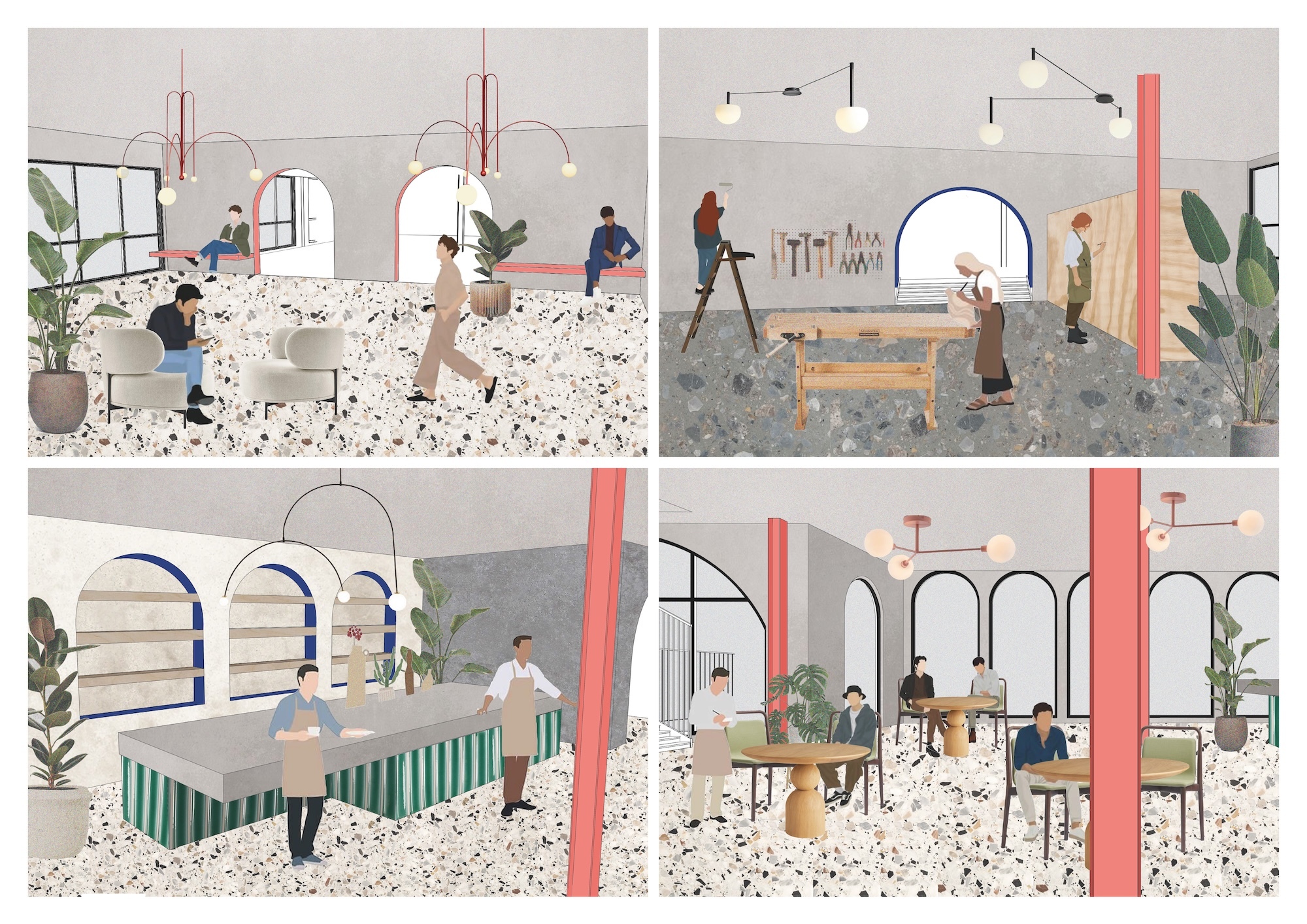 Four-panel illustration showing interior spaces with arched windows, coral-pink columns, and speckled white flooring. People in muted colours interact with green striped furniture and wooden tables. Soft pastel palette with architectural details.