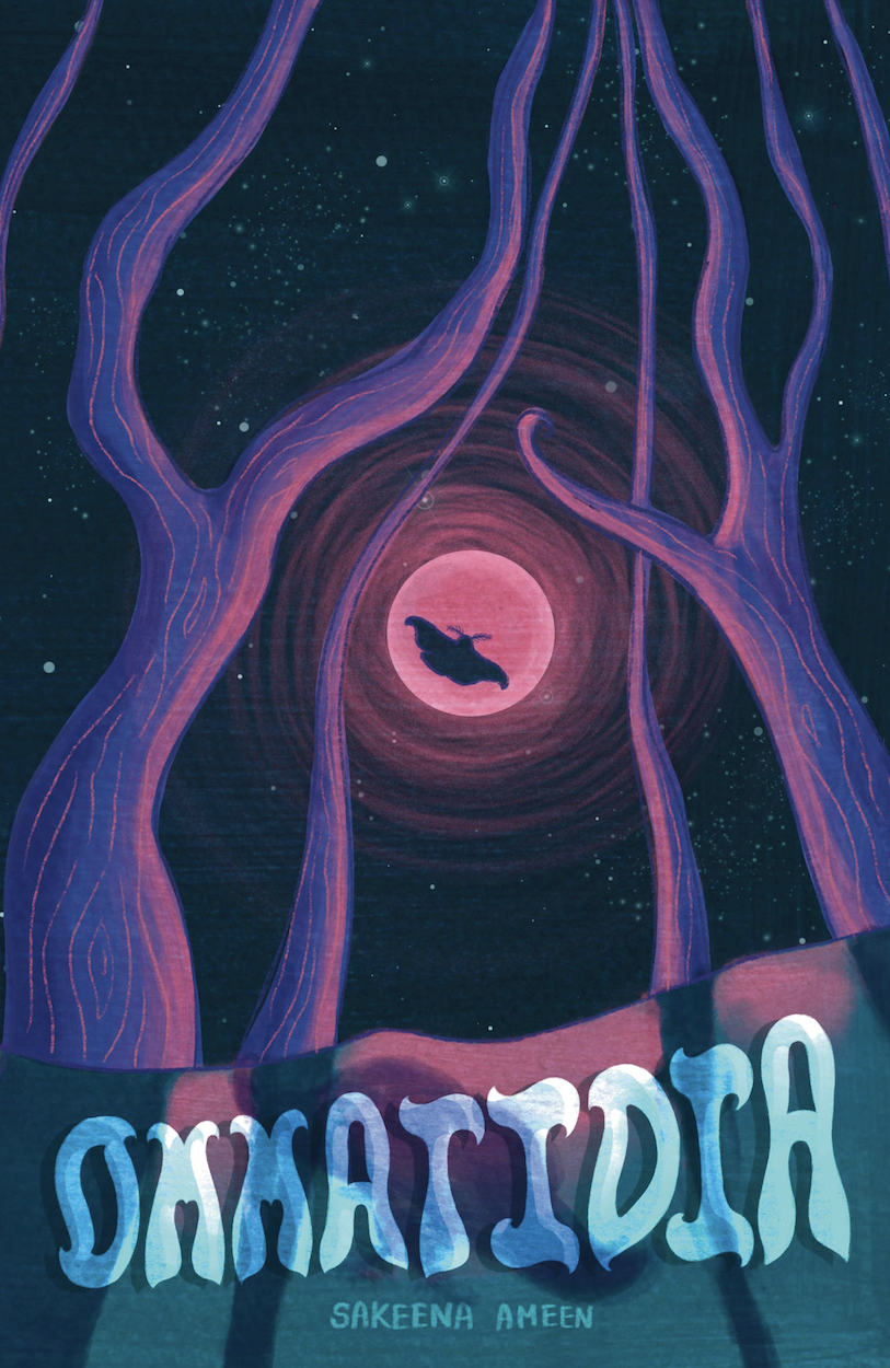 Dark teal background with white dots, purple and pink flowing ribbons forming spiral tunnel around coral circle containing black bird silhouette.