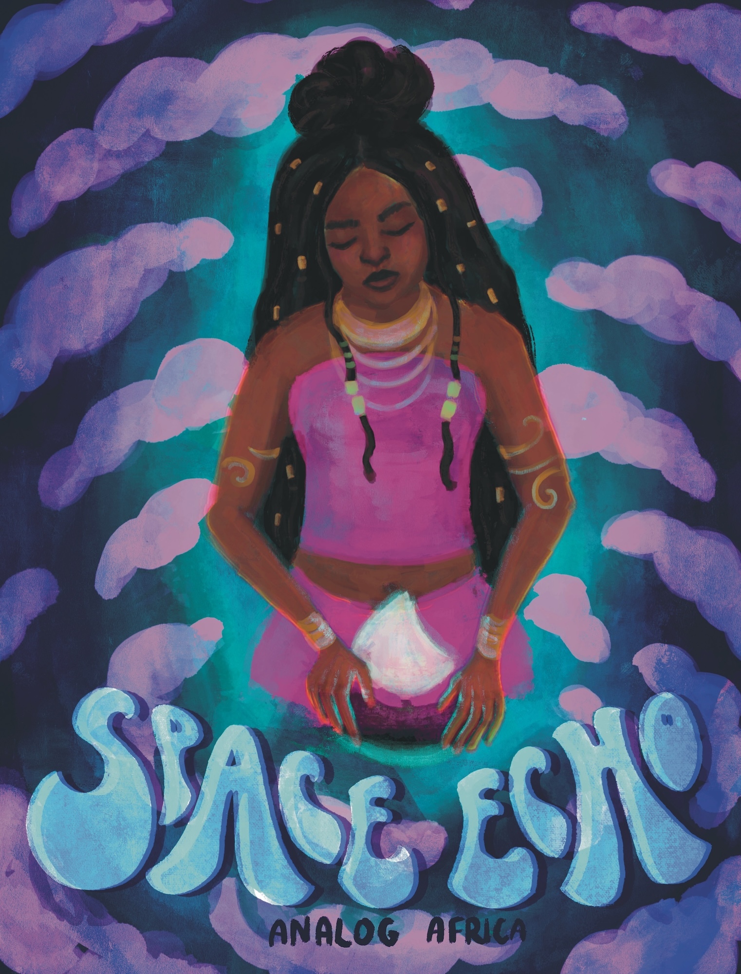 Illustration of woman with dark hair in pink top surrounded by purple and pink clouds on teal background. "SPACE ECHO" text below.